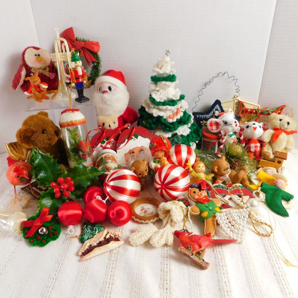 Christmas Ornaments Vintage Decorations Flocked Wood Satin Lefton Huge Lot of 50